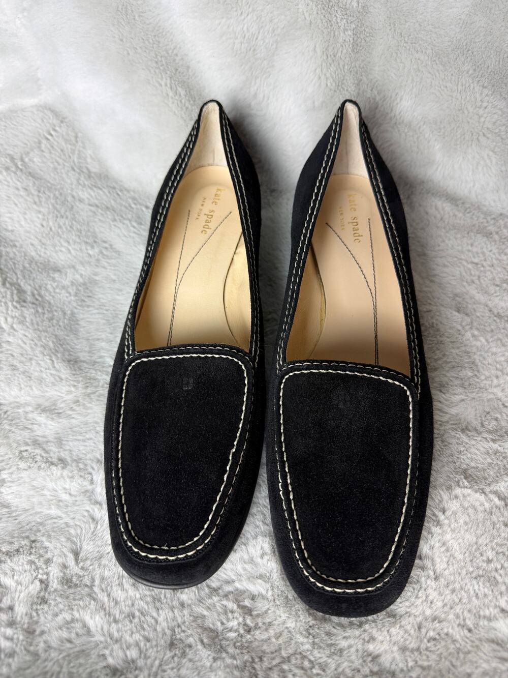 Kate Spade Beverly Black Suede Contrast Stitch Low Wedge Loafers Italy